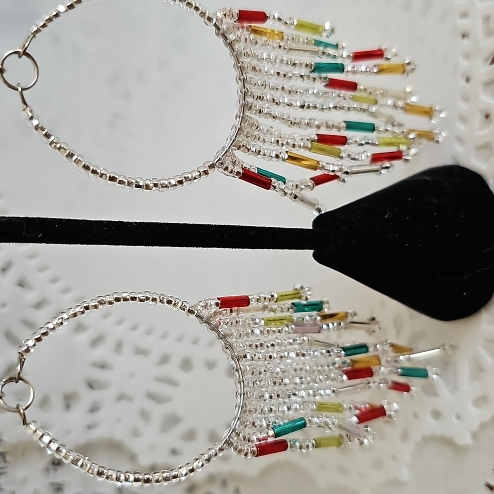 Silver Multicolor Beaded Dangle Earrings